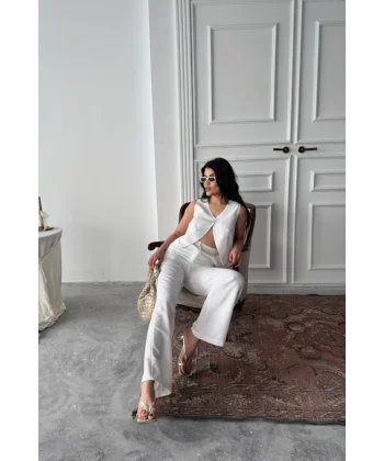 KETEN TEK DÜĞME YELEK-PANTOLON TAKIM - Beyaz