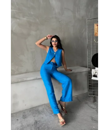 KETEN TEK DÜĞME YELEK-PANTOLON TAKIM - Mavi