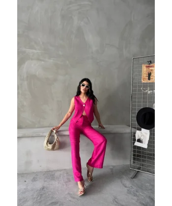 KETEN TEK DÜĞME YELEK-PANTOLON TAKIM - Pembe
