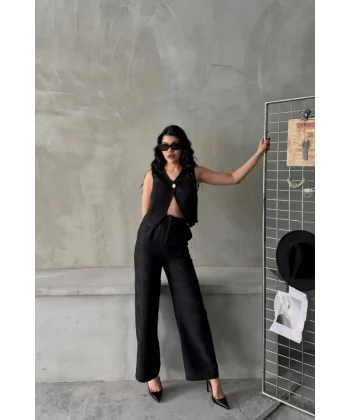 KETEN TEK DÜĞME YELEK-PANTOLON TAKIM - Siyah