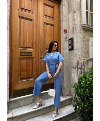 KETEN TULUM BEL BAĞLAMA DETAYLI - Mavi