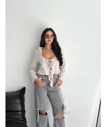 Keten Uzun Kol Bağacık Detaylı Bluz - Bej