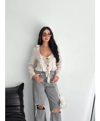 Keten Uzun Kol Bağacık Detaylı Bluz - Bej