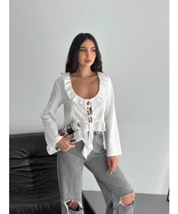 Keten Uzun Kol Bağacık Detaylı Bluz - Beyaz