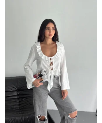 Keten Uzun Kol Bağacık Detaylı Bluz - Beyaz