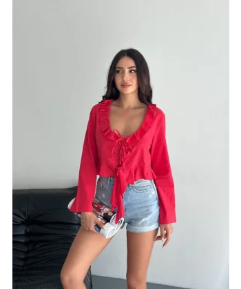 Keten Uzun Kol Bağacık Detaylı Bluz - Kırmızı