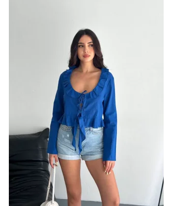 Keten Uzun Kol Bağacık Detaylı Bluz - Lacivert