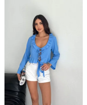 Keten Uzun Kol Bağacık Detaylı Bluz - Mavi