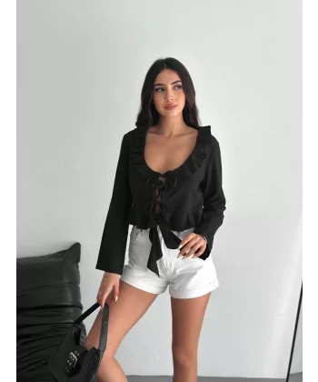 Keten Uzun Kol Bağacık Detaylı Bluz - Siyah