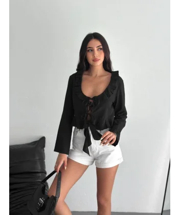 Keten Uzun Kol Bağacık Detaylı Bluz - Siyah