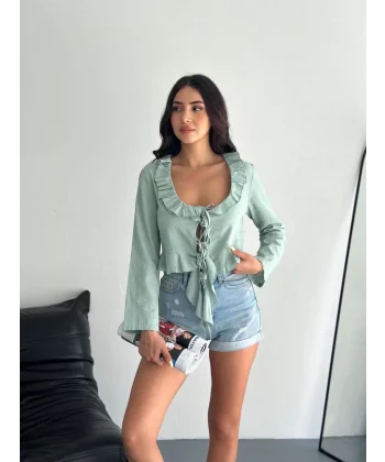 Keten Uzun Kol Bağacık Detaylı Bluz - Yeşil