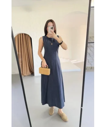 Keten Uzun Kolsuz Elbise- Mavi