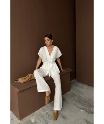 KETEN V YAKA BELDEN BAĞLAMALI BLUZ-PANTOLON TAKIM - Beyaz