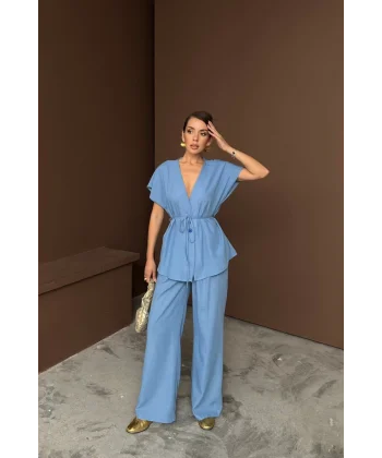 KETEN V YAKA BELDEN BAĞLAMALI BLUZ-PANTOLON TAKIM - Mavi