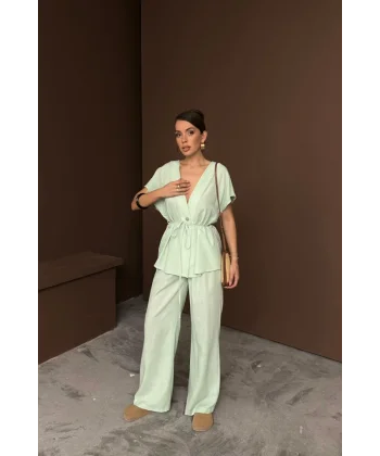 KETEN V YAKA BELDEN BAĞLAMALI BLUZ-PANTOLON TAKIM - Yeşil