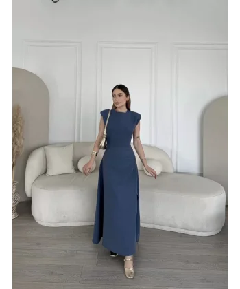 Keten Yandan Yırtmaçlı Uzun Elbise Sıfır Kol Elbise - Mavi