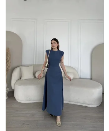Keten Yandan Yırtmaçlı  Uzun Sıfır Kolsuz Elbise - Mavi