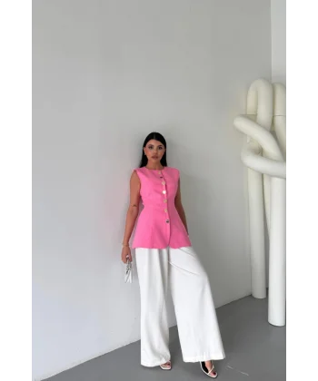 KETEN YELEK BELDEN OTURTMALI  SIRALI DÜĞME DETAYLI - Pembe