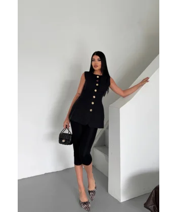 KETEN YELEK BELDEN OTURTMALI  SIRALI DÜĞME DETAYLI - Siyah