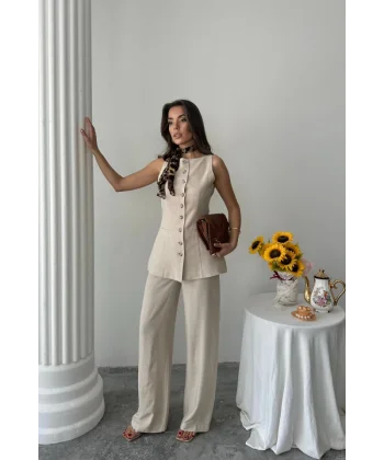 KETEN YELEK - PANTOLON TAKIM - Bej