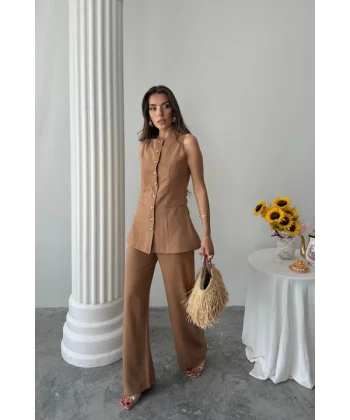 KETEN YELEK - PANTOLON TAKIM - Kahverengi