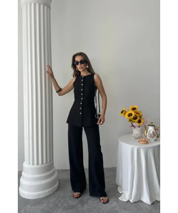 KETEN YELEK - PANTOLON TAKIM - Siyah