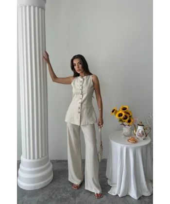 KETEN YELEK - PANTOLON TAKIM - Taş