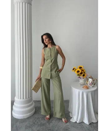 KETEN YELEK - PANTOLON TAKIM - Yeşil