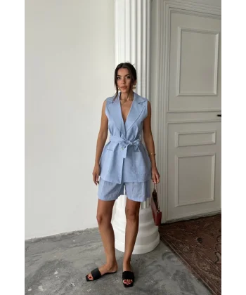 KETEN YELEK - ŞORT TAKIM - Mavi