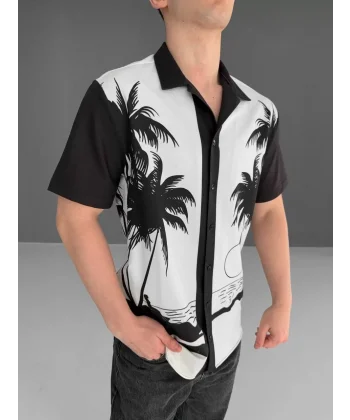 ki İplik Kumaş Baskılı Gömlek - Siyah