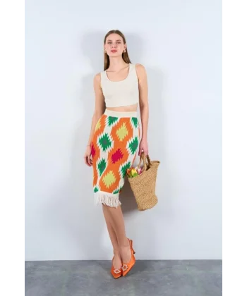 Kilim Desen Triko Etek  KremTuruncu