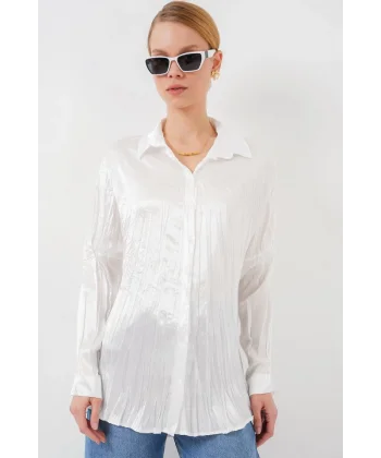 Kırışık Saten Gömlek 20316 - Beyaz
