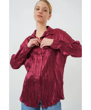 Kırışık Saten Gömlek 20316 - Bordo