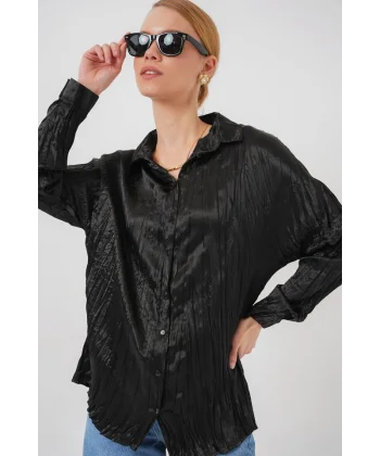 Kırışık Saten Gömlek 20316 - Siyah