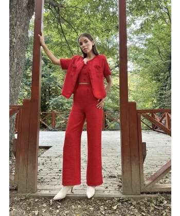 Kırmızı Askılı Büstiyer Ceket Ve Pantolon Takım