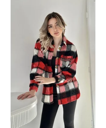 Kırmızı Buklet Cepli Zincir Taşlı Gömlek