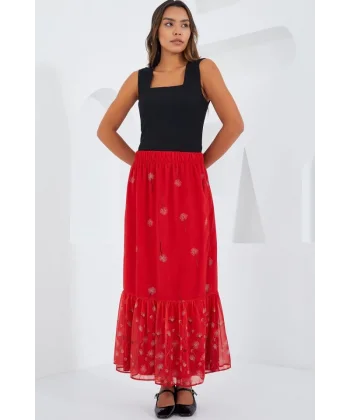 Kırmızı Desenli Şifon Etek 8010