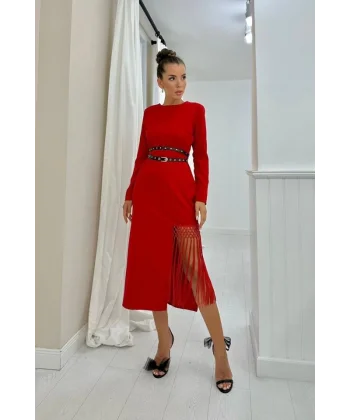 Kırmızı Eteği Püsküllü Atlas Elbise