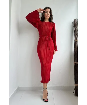 Kırmızı İspanyol Kol Piliseli Elbise