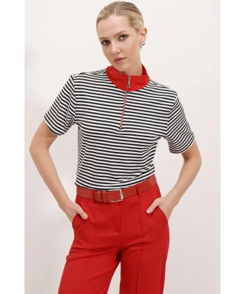 Kırmızı Polo Yaka Fermuarlı Çizgili Tişört 0497