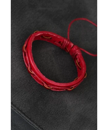 Kırmızı Renk İpli Yeni Sezon Deri Erkek Bileklik