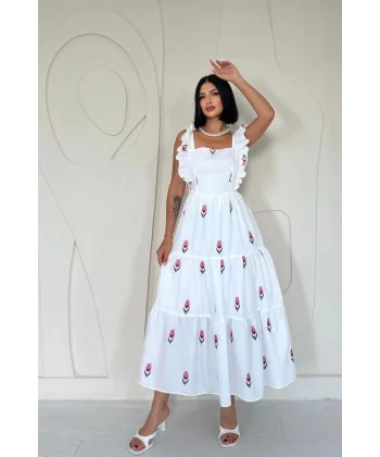 Kırmızı Sıfır Kol Fırfırlı Elbise