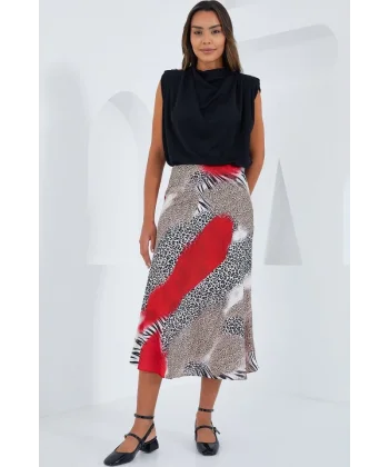 Kırmızı Siyah Desenli Saten Etek 15806