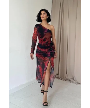 Kırmızı Tek Omuzlu Tül Elbise