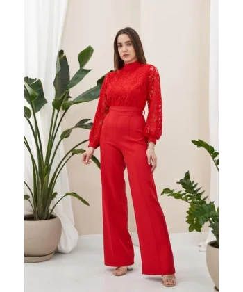 Kırmızı Üstü Dantel Tulum