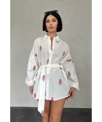 Kırmızı Vual etraj Nakış Kuşaklı Gömlek