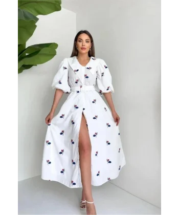 Kırmızı Yakası Çiçek Motifli Kemerli Elbise