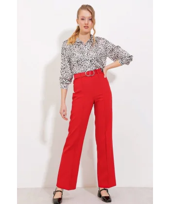 Kırmızı Yüksek Bel Kumaş Pantolon 6584