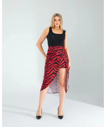 Kırmızı Zebra Desen Yandan Büzgülü Etek