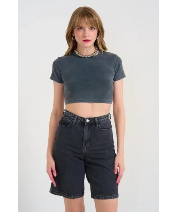 Kısa Bisiklet Yaka Tişört  Antrasit